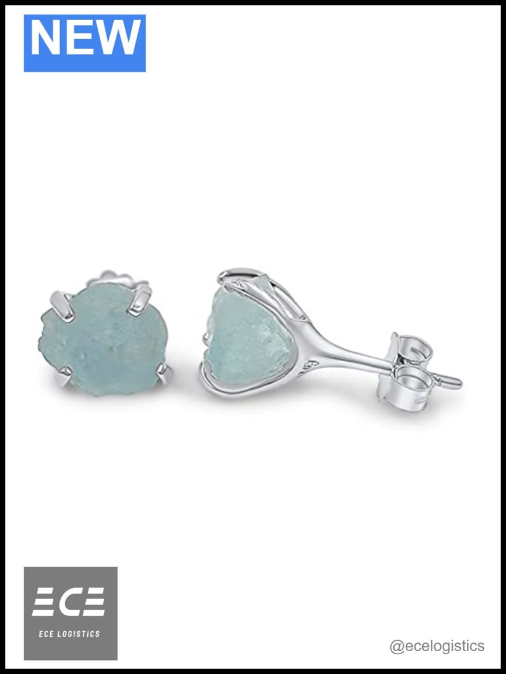 Raw Aquamarine Stud Earrings White Gold Over Sterling Silver 6-7mm Birthstone